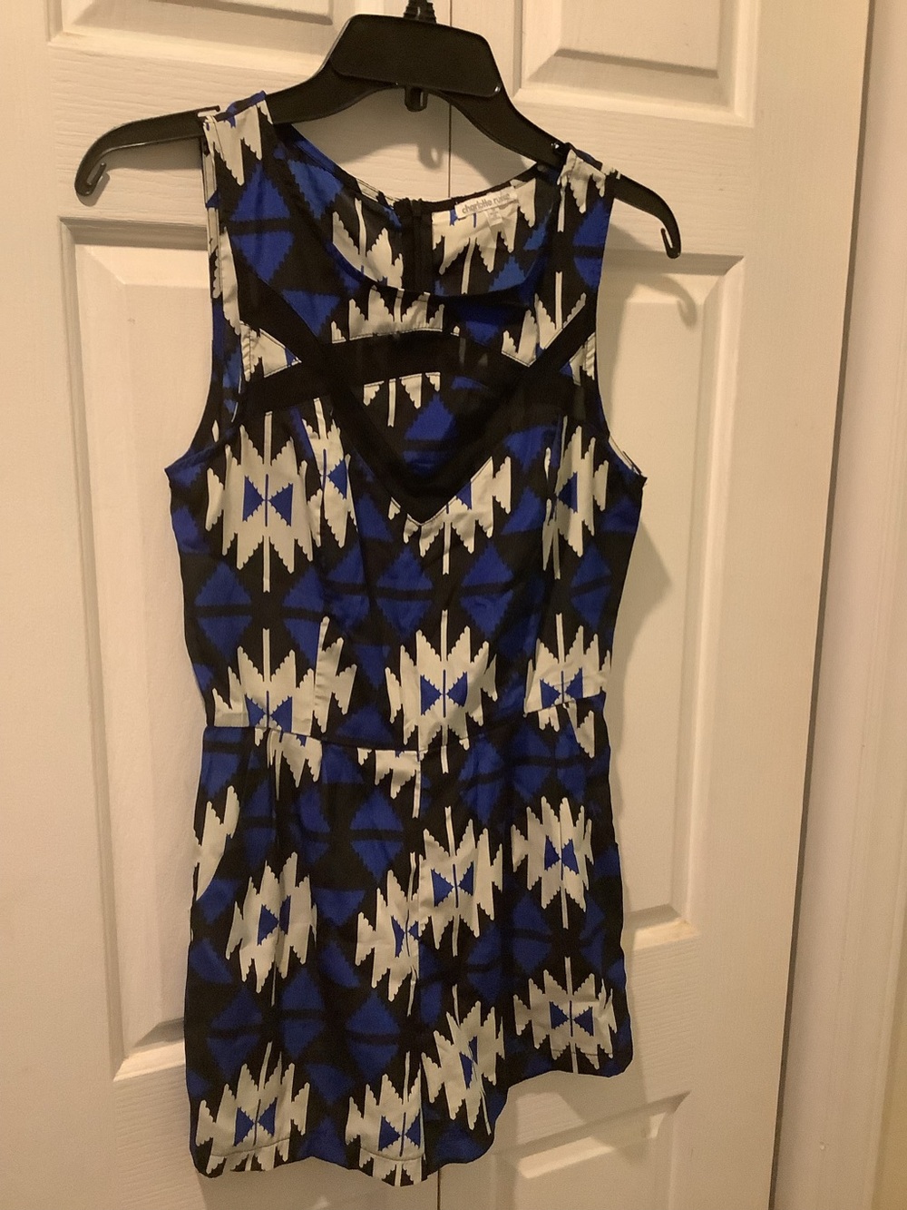 Size small Charlotte Russe women’s Sleeveless Blue Black White Geometric romper